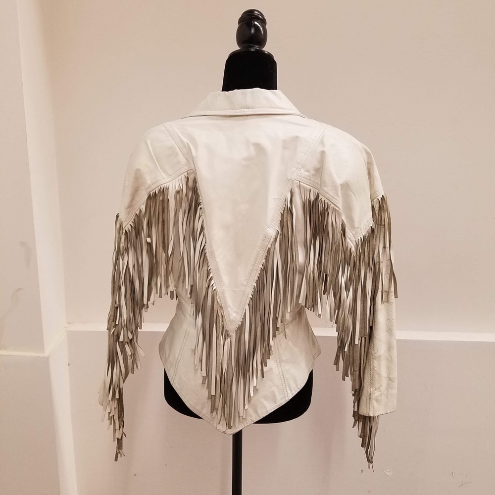 UNISEX COWBOY BEIGE WESTERN LEATHER JACKET WITH FRINGE - Picture 4 of 13